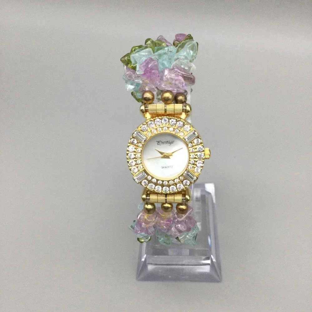 Prestige Womens Watch 25mm Gold Tone Crystals Beaded Gem Band New Battery 6.5